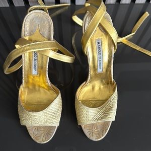 Manolo Blahnik gold brocade 5 inch lace up sandal